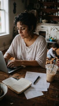 Authentic candid image of a focused Hispanic woman in her 30s working from home at a rustic wooden kitchen table with a laptop, notebook, and iced coffee while her child plays in the background
