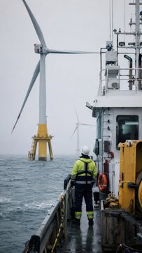 Male engineer in yellow high-visibility jacket and hard hat standing on a service vessel deck observing offshore wind turbines rising from a foggy gray sea, renewable energy 