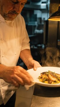 Focused middle-aged male chef in a white jacket plating a steaming gourmet seafood dish under warm pendant light in a dark moody professional restaurant kitchen, culinary art and fine dining concept