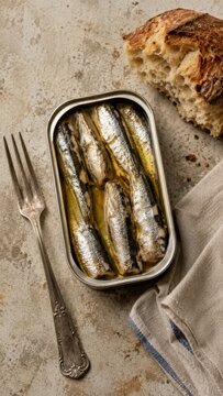 Overhead view of an open sardine tin in olive oil with a vintage silver fork, artisan sourdough bread, and a linen napkin on a textured stone surface, authentic rustic Mediterranean food photography
