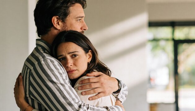 Emotional caucasian couple in their 30s in a close embrace in a bright minimal interior, man comforting a distressed dark-haired woman, authentic unposed moment of support and tenderness