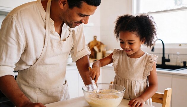 Cheerful olive-skinned father in his early 40s and his smiling young daughter with curly hair mixing batter together in a bright modern kitchen, authentic multicultural family cooking concept