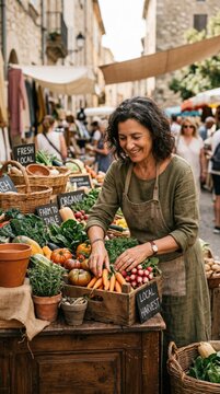 Smiling middle-aged Mediterranean woman in a linen dress and apron arranging fresh organic vegetables on a rustic wooden market stall in a sunny European village street market, local harvest lifestyle