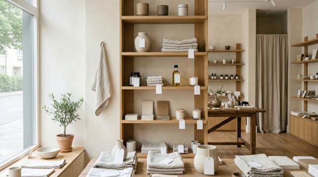 Calm minimal boutique interior with wooden shelves displaying artisan ceramics, linen textiles, candles, and notebooks with blank white price tags