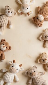 Overhead flat lay of handmade crochet stuffed animals arranged around the edges of a cream background with empty central copy space, neutral palette with sand and light brown tones