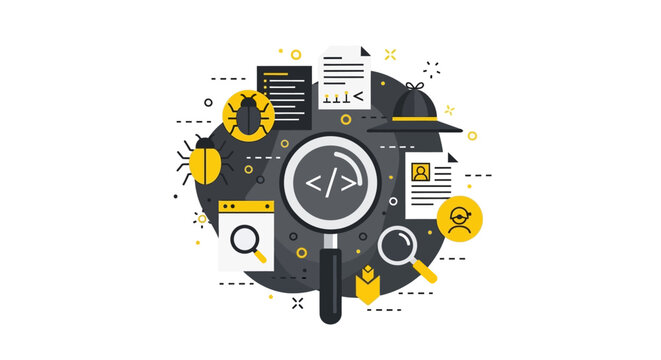 Software Debugging and Code Analysis Concept Illustration - Flat Vector Design for Quality Assurance, Bug Tracking, and Programming Services