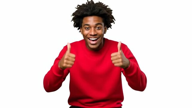 Smiling person giving two thumbs up in a red sweater