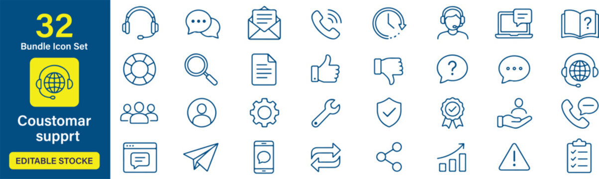Set of 32 (Customer Support) icons Each icon will be different, create a vector outline icons using white background and black color