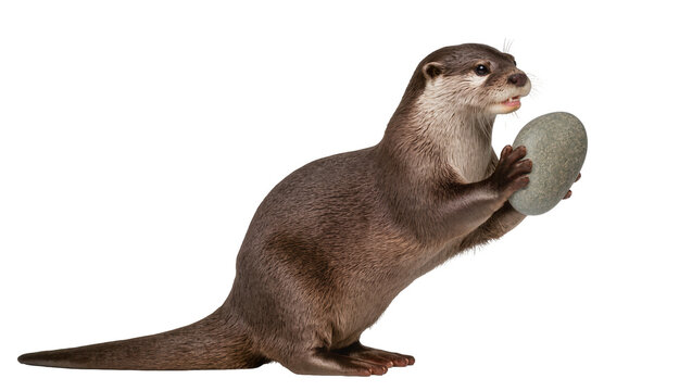 Oriental small-clawed otter holding a smooth grey stone