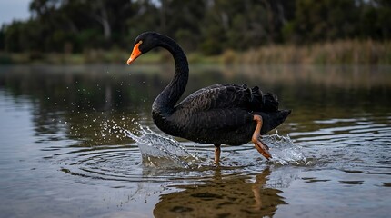 Naklejka premium A solitary black swan glides effortlessly through calm, reflective waters in a tranquil natural setting.