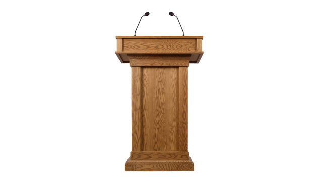 Wooden podium with two microphones on white