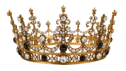 Ornate gold crown with diamonds and black gems © Natalia