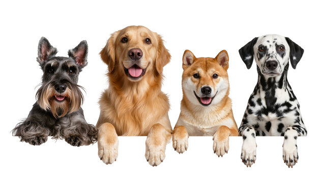 Four diverse dog breeds peeking over a white surface