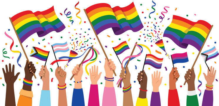 LGBTQ Pride Month Parade Celebration Vector Illustration with Diverse Crowd Hands Waving Rainbow Flags Transgender Bisexual Progress and Community Pride Symbols