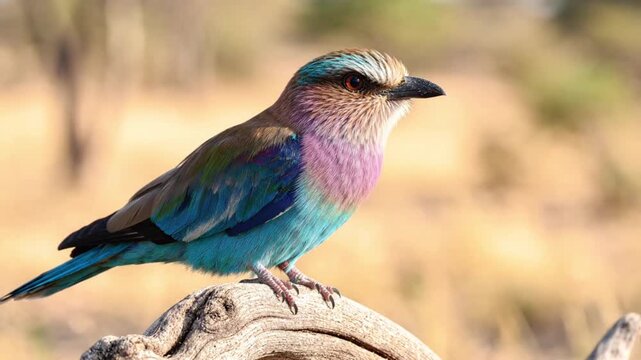 Colorful lilac breasted roller perched on a tree branch in natural wildlife habitat with vibrant feathers soft outdoor lighting and peaceful forest background capturing exotic bird beauty in nature ph