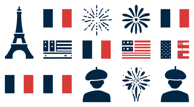 French and American National Symbols and Cultural Icons Set.
