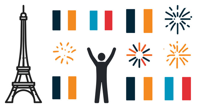 French Celebration Icons Eiffel Tower Flags Fireworks Person.