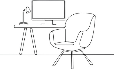 Fototapeta premium Computer desk with monitor lamp and chair single line drawing minimal office setup.