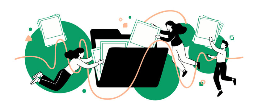 File management teamwork vector graphic organizing digital documents. Professionals putting photos into a giant black folder. Flat design representing cloud storage, collaborative archiving, and corpo