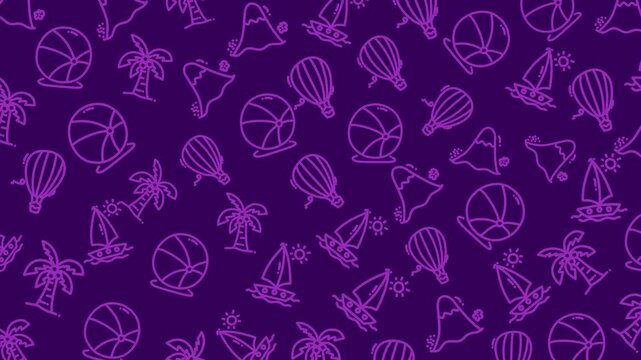 Purple beach-themed doodles float across a vibrant background. Palm trees, sailboats, and hot air balloons dot the design. Simple outlines evoke summer fun and carefree days