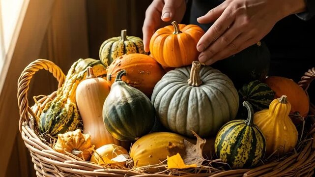 Hands selecting colorful pumpkins from a harvest basket