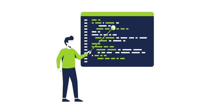 Professional Software Developer Pointing to Program Code on a Screen, Flat Vector Illustration for Tech Training and Education