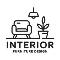 Interior design icon with furniture and plant line art © Mohasana