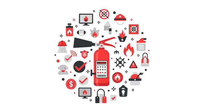 Fire Safety and Emergency Prevention Icon Set with Fire Extinguisher and Industrial Protection Symbols