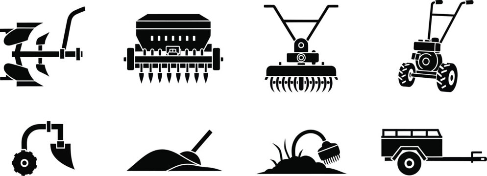 Gardening and landscaping tools including tiller, seeder, lawn mower, and more gardening tools landscaping equipment