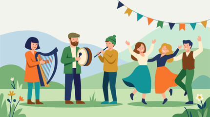 Fototapeta premium This flat design illustration captures the lively spirit of Lughnasa, featuring people playing traditional instruments and dancing with joy. 