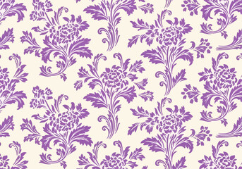Fototapeta premium Decorative Floral Damask Background with Vintage Inspired Purple Ornament and Neutral Cream Tones Included