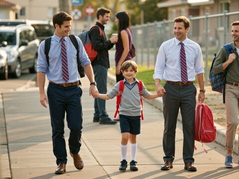 Gay couple holding son's hands walking to school
