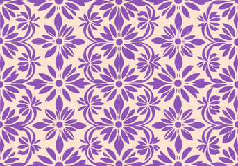 Fototapeta premium Classic Decorative Damask Wallpaper Featuring Repeating Botanical Shapes and Purple Floral Surface Motifs