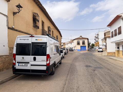 El Toboso, Spain; September 21 2025: Camper van parked on street in El Toboso Spain