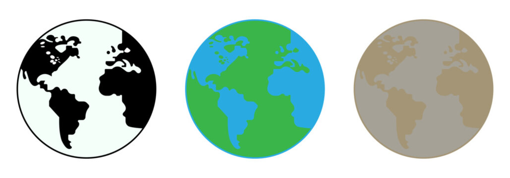 Globe, earth, world, planet, map, geography, continent and global symbols shown in outline, colorful and muted styles. Useful for travel, environment, education, navigation and location themes.