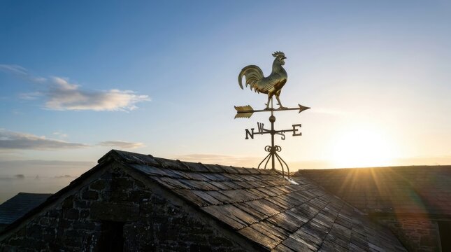 Gleaming brass rooster weather vane atop a pitched roof against a sunset sky