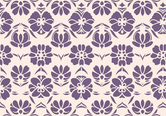 Fototapeta premium Vintage Purple Damask Ornament Featuring Stylized Blossoms and Traditional Decorative Wallpaper Composition Included