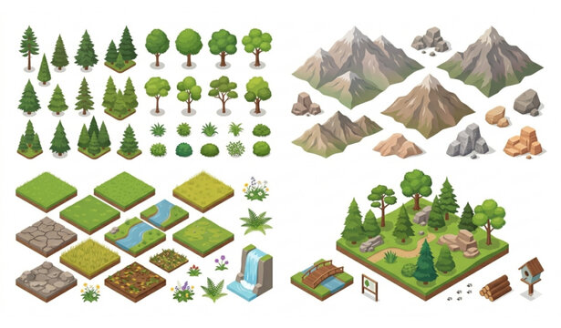 Isometric Nature Elements Vector Set With Trees Mountains And Landscape Objects