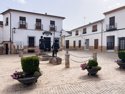 El Toboso, Spain; September 21 2025: El Toboso square with Don Quixote and Dulcinea statues