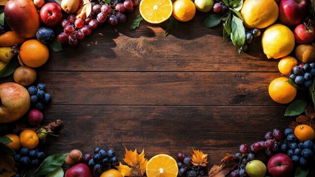 Variety of fresh fruits arranged on rustic wooden background with autumn leaves