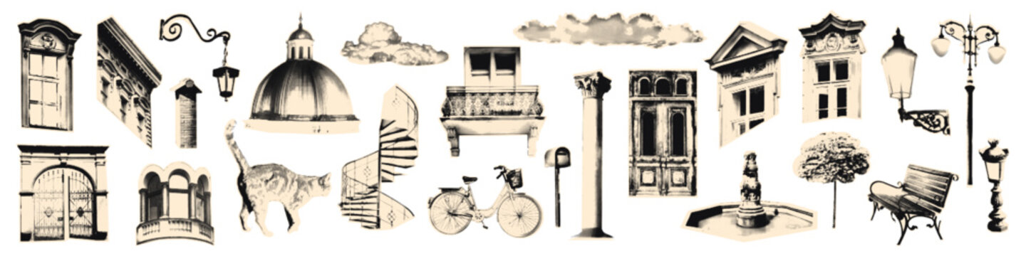 Architecture halftone collage elements set. Various paper clipping shapes, magazine cutouts. Stickers with vintage dot texture, zine scrapbook clipart with windows and street lamps Vector illustration