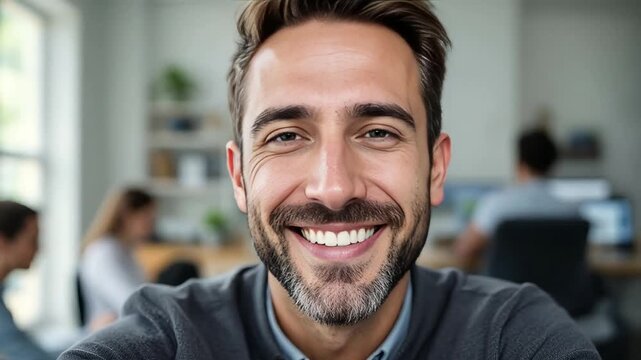 Close-up of a smiling man with a beard in a modern office environment.