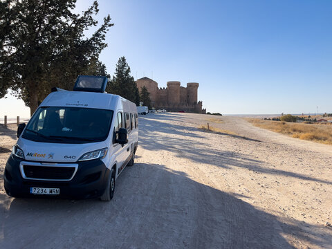 Belmonte, Spain; September 21 2025: Camper van parked near Belmonte Castle in Spain