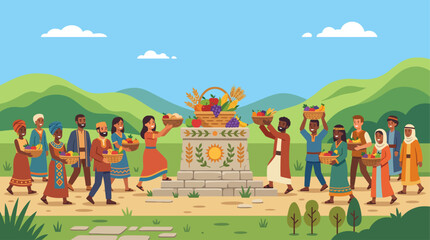 Fototapeta premium This flat design illustration depicts a community celebrating Lughnasa, presenting their first harvest offerings at a symbolic altar as a gesture of gratitude.
