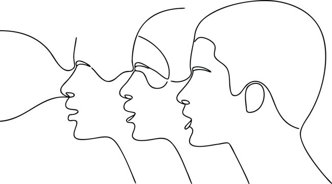 Side profile of three human faces in continuous line drawing depicting team communication.