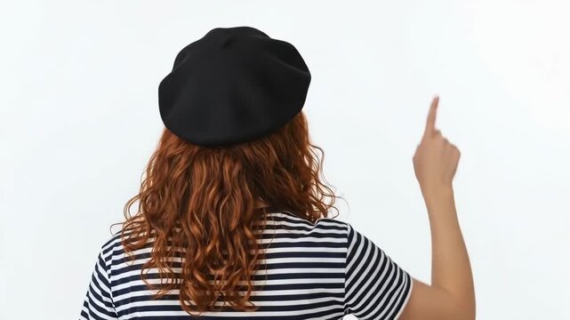 Person pointing upwards while wearing a beret and striped shirt
