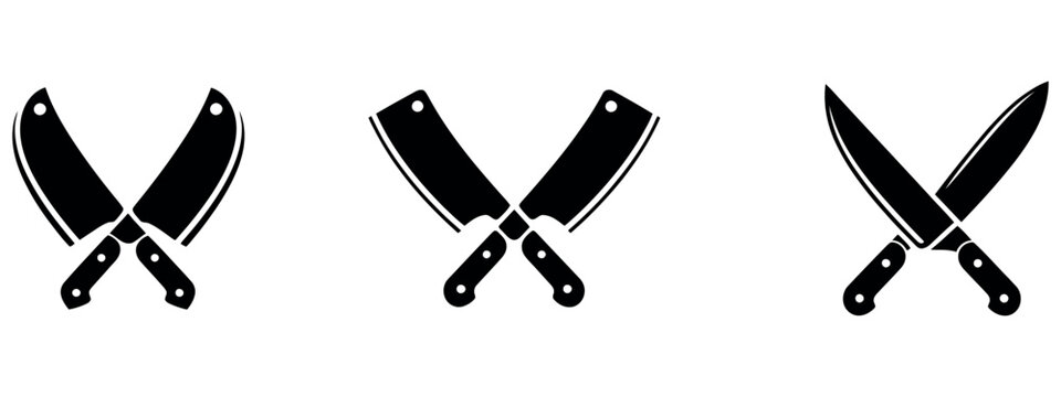 Set of black silhouette icons featuring crossed butcher cleavers and sharp kitchen chef knives.