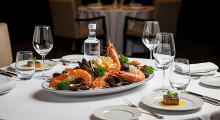 Fototapeta premium Elegant Seafood Platter with Shrimp Mussels Oysters and Wine Glasses on a Table clams