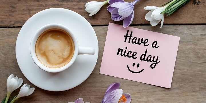 Coffee cup with have a nice day note and flowers