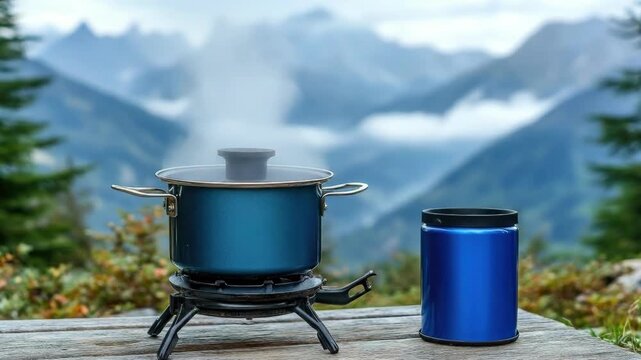 Steaming pot on outdoor stove with mountain landscape in background